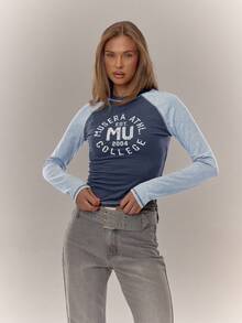 MUSERA Graphic Print Raglan Fitted Contrast Long Sleeve Top  Cute Casual Cosy Holidays Party Spring Summer - Multicolor - View 1