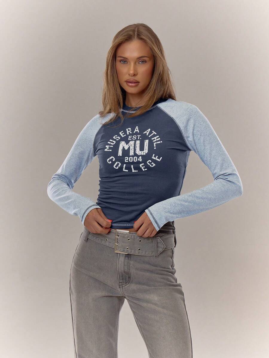 MUSERA Graphic Print Raglan Fitted Contrast Long Sleeve Top  Cute Casual Cosy Holidays Party Spring Summer - Multicolor - View 1
