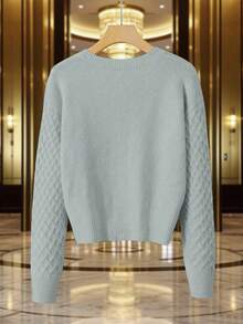 SHEIN LUNE Women's Hollow Out Cable Knit Diamond Pattern Cardigan - Light Grey - View 2