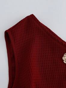 Franclia 法式时尚性感不对称肩部酒红色华夫格针织女式秋冬上衣，饰有金属搭扣。女式露脐上衣，红色上衣，优雅衬衫，女士优雅风格，女士优雅上衣，女士新年风格。 - 酒紅色 - 查看 3