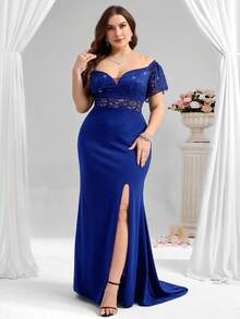 Coutiva 大码女式撞色蕾丝露肩短袖优雅正式晚礼服（缀饰）