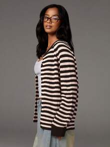 Athîral 女士休闲通勤条纹轻薄开衫条纹开衫女开衫夏季开衫蓝绿色开衫秋冬白色开衫 - 彩色 - 查看 3