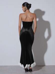 COSMINA 女士优雅派对3D立体花卉装饰抹胸美人鱼连衣裙，优雅派对礼服，适合鸡尾酒会、浪漫约会、正式聚会、夜间外出、婚礼宾客、秋冬季黑色连衣裙、情人节 - 黑與白 - 查看 6