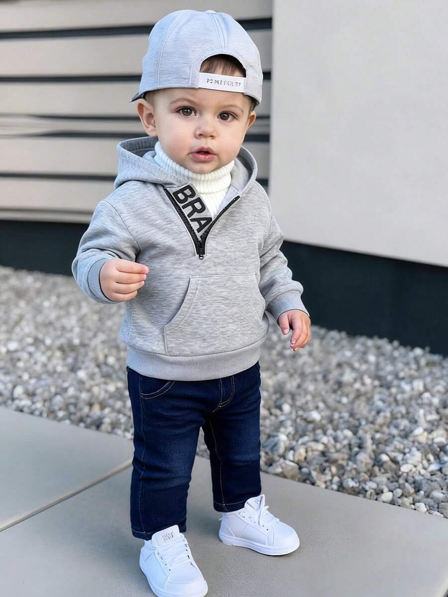 SHEIN 2pcs Baby Boy Fall & Winter Outfit: Oblique Collar Letter Print Hoodie Sweatshirt And Versatile Elastic Waist Denim Pants, Fashion Casual Separates - Grey - View 1