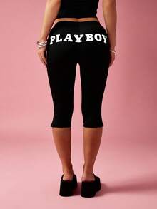 Missguided x Playboy Logo Capri Leggings For Women Mid Rise Knee Length Casual - Black - View 1