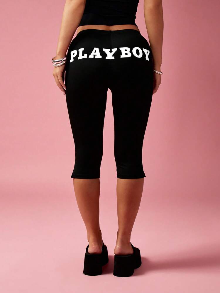 Missguided x Playboy Logo Capri Leggings For Women Mid Rise Knee Length Casual