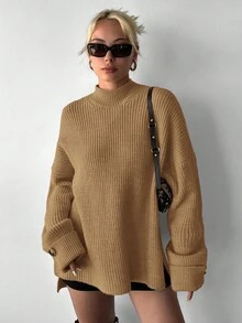 小高領落肩袖下擺開叉套頭毛衣 - 駝色 - 查看 5