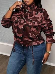 Slaydiva Plus Size Camouflage Print Drawstring Hem Jacket For Dailywear In Fall/Winter - Burgundy - View 3