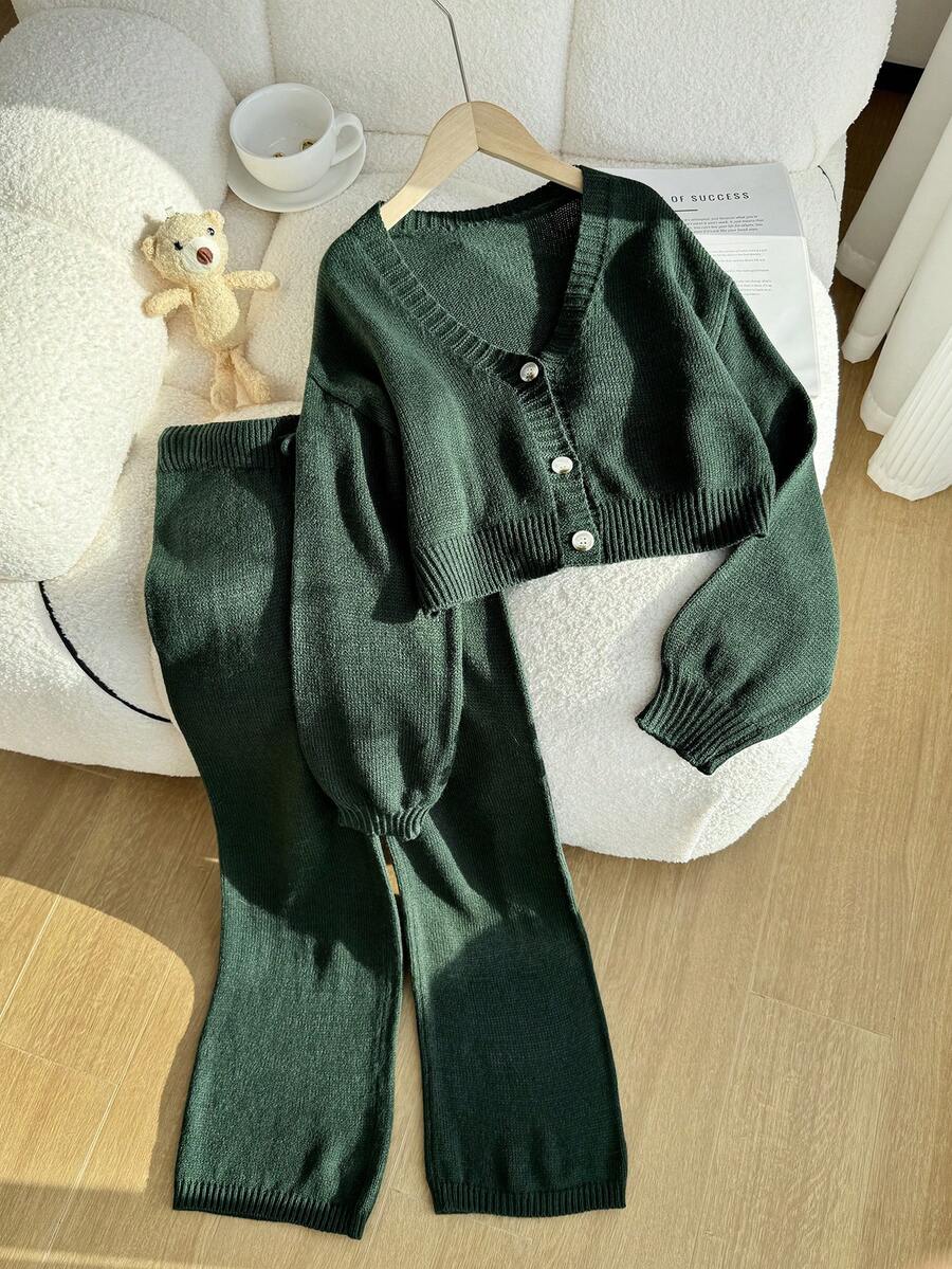 SHEIN 青少年女孩纯色V领落肩长袖针织开衫和裤子套装 - 綠色 - 查看 1