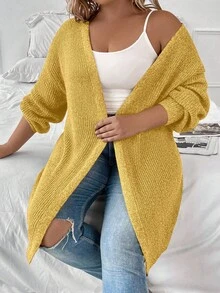 SHEIN LUNE Plus Size Women Solid Color V-Neck Drop Shoulder Casual Simple Versatile Cardigan Sweater, Autumn/Winter - Yellow - View 5