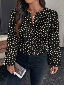 EMERY ROSE Camisa elegante y vintage de talla grande con estampado asimétrico de lunares y leopardo