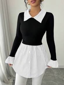 Elenzga Women's Striped Collared Long Sleeve Knit & Woven Patchwork Blouse - Multicolor - View 4