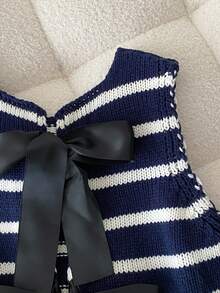 Elamini 女士休闲通勤条纹蝴蝶结后背宽松针织毛衣背心，秋冬 - 彩色 - 查看 3