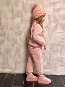 Winter Set Pink 2pcs Girls Autumn/Winter Furry Set, Including Stand Collar Half-Zip Jacket With Black Emblem On Pink Top; Matching Elastic Cuff Pants, Relaxed Fit For Everyday, Outdoor, School Wear Comfortable Fashion Cute Mischievous - Pink - View 5