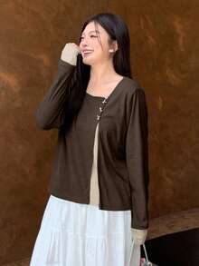 Dazy Plus Color Block Bow Decor 2 In 1 Fashion Long Sleeve T-Shirt For Plus Size Women