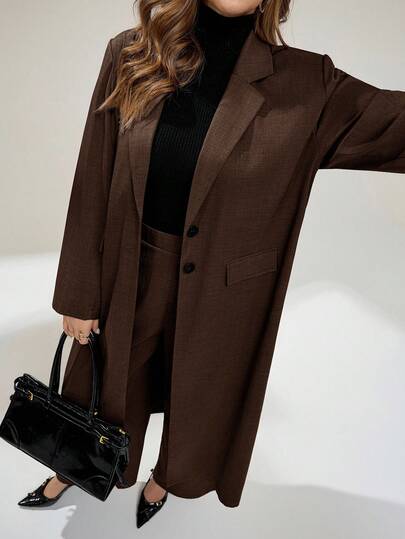 Auralis Plus Size Women's Spring And Autumn Fashion Casual Loose Comfortable Daily Versatile Slim Long Suit Jacket And Wide-Leg Pants Brown Suit Set,Old Money Style,Business Casual Woman,Office Outfits For Women,Work Wear,Fall Clothes