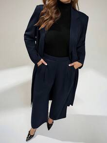 Auralis 大码女装春秋季时尚休闲宽松舒适日常百搭修身长款西装外套和阔腿裤深蓝色套装，复古富贵风格，商务休闲女装，女士办公室着装，职业装，秋季穿搭 - 藏蓝色 - 查看 7