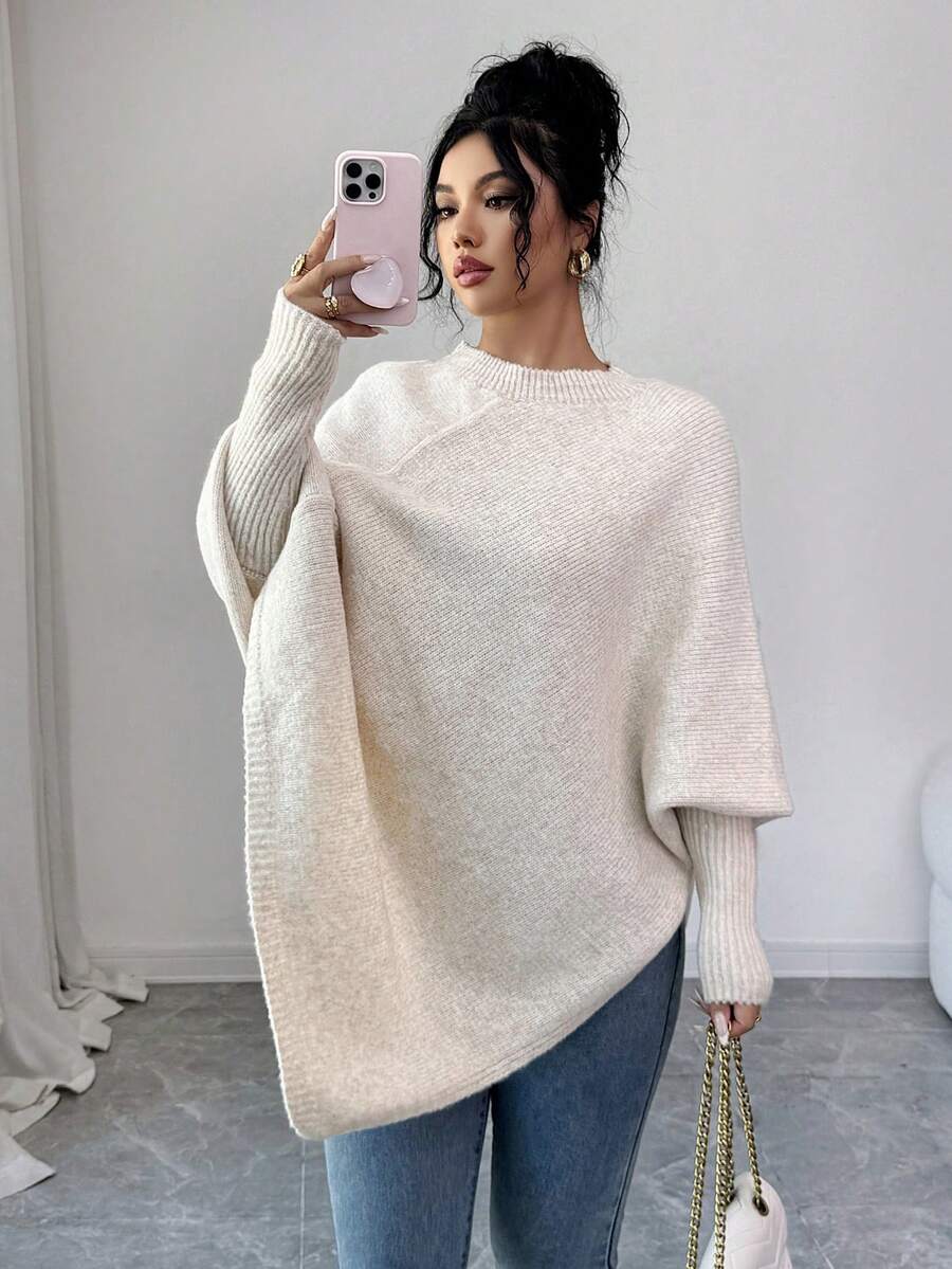 Elenzga Women's Asymmetrical Hem Oversized Crew Neck Pullover Sweater, Relaxed Fit, Soft & Comfortable Wool Blend, Suitable For Autumn/Winter - Apricot - View 1