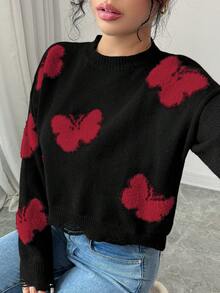 EMERY ROSE Women Cropped Hem Stylish Crew Neck Sweater Christmas - Multicolor - View 6