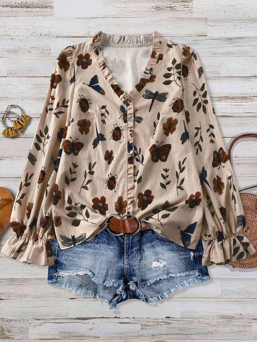 Linhara Áo sơ mi tay dài in họa tiết hoa cỡ lớn dành cho nữ, áo thun dài tay dáng rộng cổ chữ V họa tiết bèo nhún, chất liệu vải mềm mại và thoải mái, phù hợp mặc vào mùa thu cho nữ - Nhiều màu - Xem 1