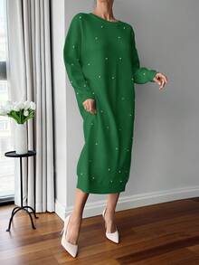 EURMUSE 女士纯色圆领珍珠细节长款毛衣连衣裙