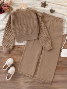 Conjunto de 2 peças com Suéter de Ombro Caído com Padrão Único e Calça Reta em Estilo Casual Campestre Y2K para Meninas Pré-Adolescentes, Versátil para Escola, Férias, Encontros, Compras, Festa, Outono/Inverno - Marrom Claro - Visão 2