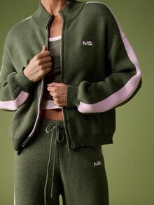 MISSGUIDED 女士拉链开衫运动外套复古条纹袖针织秋冬时尚休闲Y2K毛衣，饰有运动MG标志刺绣，圣诞节 - 綠色 - 查看 4
