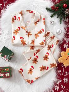 SHEIN Women's Burgundy Simple Fashion Christmas Gingerbread Pattern Long Pants And Long Sleeve Top Casual Comfortable 2 Pieces Pajama Set, Family Matching Outfits Mommy And Me (4 Sets Sold Separately), Winter Clothes - Apricot - View 3