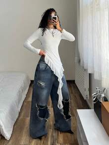 StreetHx 街头服饰女式纯色荷叶边不对称下摆短款长袖连衣裙，秋季 - 白色 - 查看 4