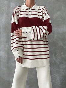 EURMUSE 2pcs/Set Women Striped Drop Shoulder Long Sleeve Polo Neck Sweater & Knit Pants Casual Outfit, Autumn/Winter - Multicolor - View 4