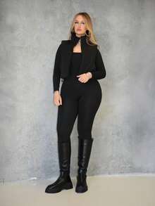 Arliah Winter Zip Up Double Face Snap Button Corduroy Drawstring Vest Coat - Black - View 4