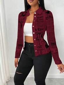 Eryvara Camisa casual de mujer con botones delanteros y estampado total de manga larga - Burdeos - Ver 4