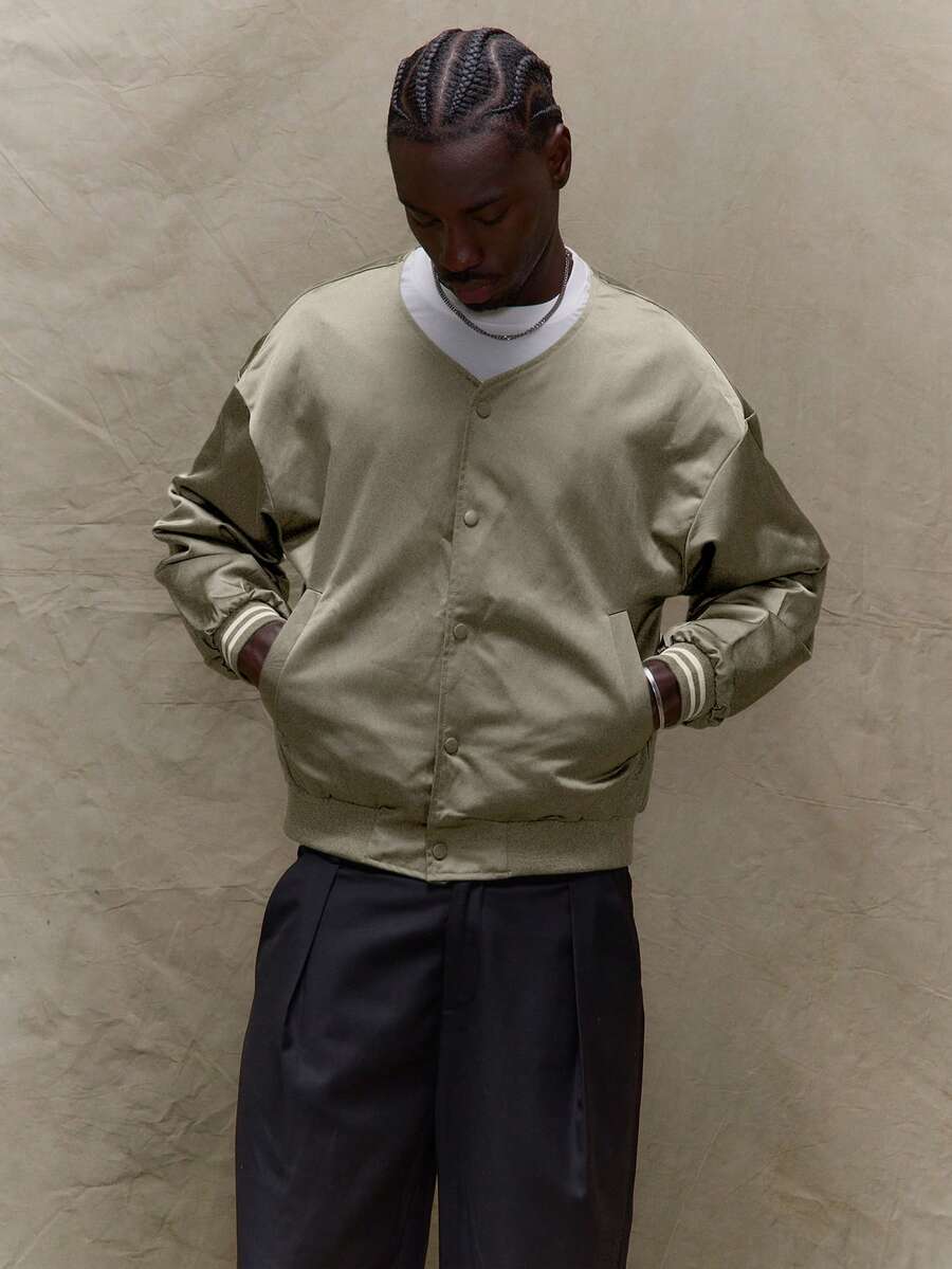 Musero Men Oversized Popper Button Up Baseball Style Jacket SPRING SUMMER - Army Green - View 1