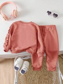 SHEIN 2pcs Baby Girl Cute Solid Color Ruffle Trim Sweatshirt & Sweatpants Set, Autumn/Winter - Dusty Pink - View 8