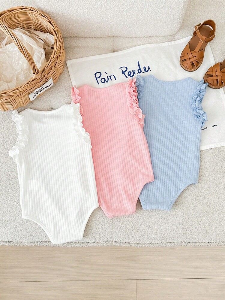 3件套新生女婴可爱纯色无袖连体衣，夏季 - 白色 - 查看 7