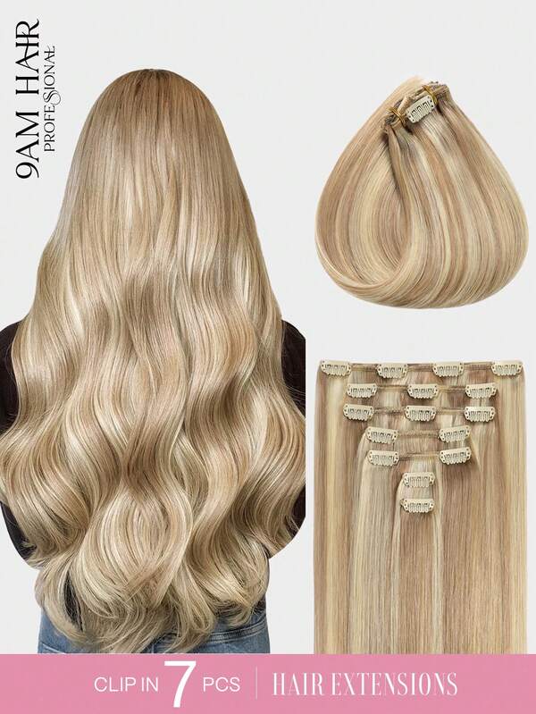 7PCS With16Clips 18/613 Highlight Blonde Straight Clip In Hair Extensions Real Human Hair Natural Virgin Human Hair Extensions Double Weft Clip Ins For Women Daily Use Easy To Wear Clip Ins Hair Extensions Halloween Costumes