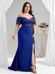 Coutiva 大码女式撞色蕾丝露肩短袖优雅正式晚礼服（缀饰）