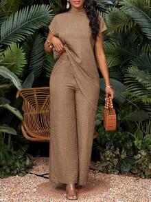 SHEIN Lady Bộ đồ 2 mảnh cỡ lớn, trang phục mùa hè, trang phục lễ tốt nghiệp mùa xuân, váy thường ngày cỡ lớn dành cho nữ đi nghỉ mát, bộ đồ thường ngày 2 mảnh thời trang cỡ lớn dành cho nữ. - Lạc đà - Xem 7