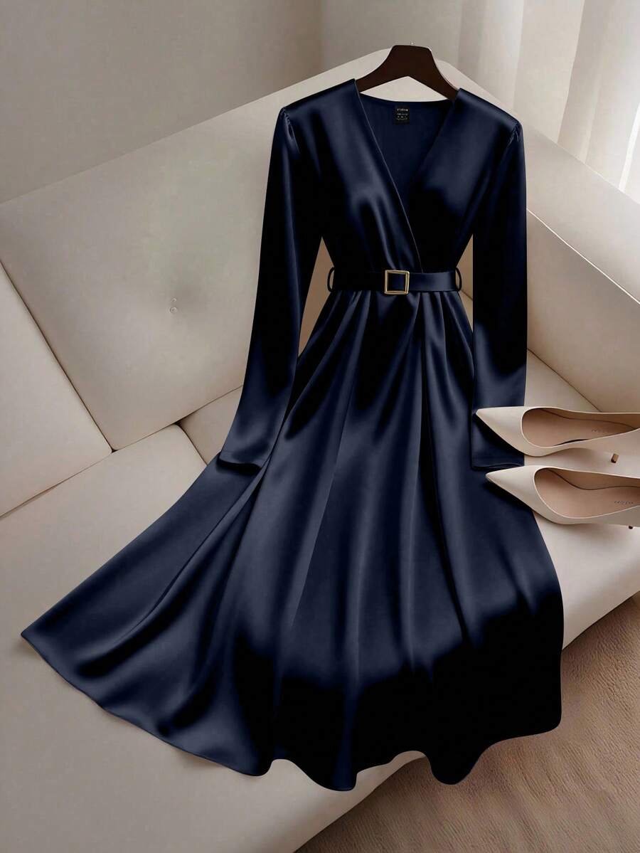 GlowEve Satin + Belt Decor Long Sleeve Women Midi Dresses - Navy Blue - View 1