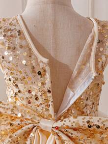 Glamorique Kids Dziewczęca sukienka z satyny z siateczki i cekinów w kolorze szampana, z odkrytymi plecami i kokardą, bez rękawów, kostium na Boże Narodzenie/Halloween, przyjęcie urodzinowe dla dzieci, występ sceniczny, przyjęcie wieczorne, strój do fotografii