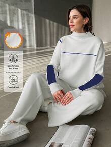 RueChic Damski sweter z kontrastowym kołnierzem, długimi rękawami i dzianinowymi spodniami, 2-częściowy zestaw casualowy, jesień/zima - Granatowy - Zobacz 1