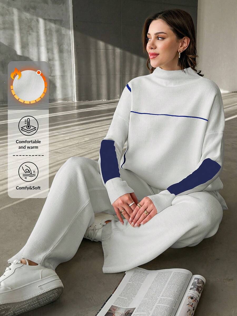 RueChic Damski sweter z kontrastowym kołnierzem, długimi rękawami i dzianinowymi spodniami, 2-częściowy zestaw casualowy, jesień/zima - Granatowy - Zobacz 1