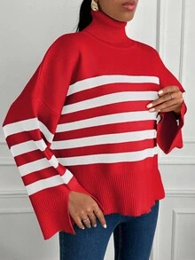 SHEIN Cottnline Striped Pattern Turtleneck Drop Shoulder Split Cuff Sweater - Red - View 4