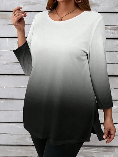 EMERY ROSE Casual Minimalist Ombre Print Round Neck Split Hem Plus Size T-Shirt, Spring/Autumn Plus Size Blouses Plus Size Tunics Plus Size Women Clothes Blouse Plus Size Tunic Tops Plus Size Tops