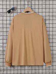 SHEIN Teen Boy Letter Print Loose Fit Round Neck Drop Shoulder Long Sleeve Casual T-Shirt - Khaki - View 2