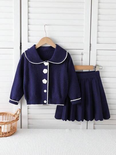 SHEIN 女童撞色花卉图案长袖上衣和裙子毛衣套装