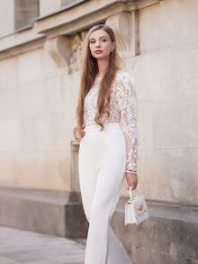 ORNATELLA 白色蕾丝性感透视长袖露背连体裤派对迷你连衣裙 - 白色 - 查看 5