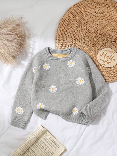 SHEIN Vintaside Kids 少女花卉图案圆领长袖毛衣