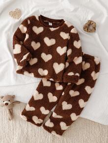 女童休闲爱心印花柔软抓绒长袖上衣和裤子家居服套装 泰迪熊睡衣套装 爱心睡衣套装 两件套睡衣 - 棕色 - 查看 1