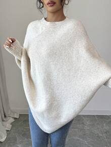 Elenzga Women's Asymmetrical Hem Oversized Crew Neck Pullover Sweater, Relaxed Fit, Soft & Comfortable Wool Blend, Suitable For Autumn/Winter - Apricot - View 3